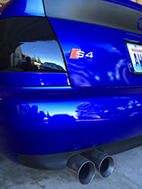 Back lights blacked out tint wrap. Gloss Blue Metallic wrap on Audi S4 B5 Stage 3 Wrap. Carbon filber wrap, satin matte blue wrap